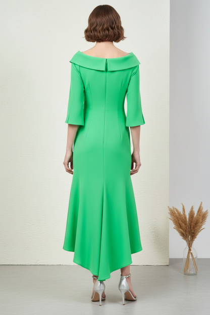 Elegant Off-Shoulder Midi Dress with Crystal Brooch