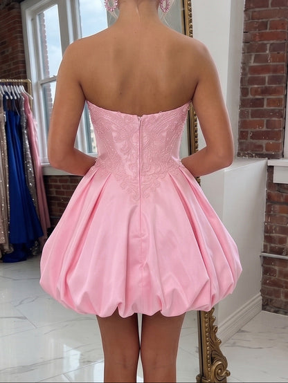 Strapless Lace Bodice Bubble Hem Mini Dress