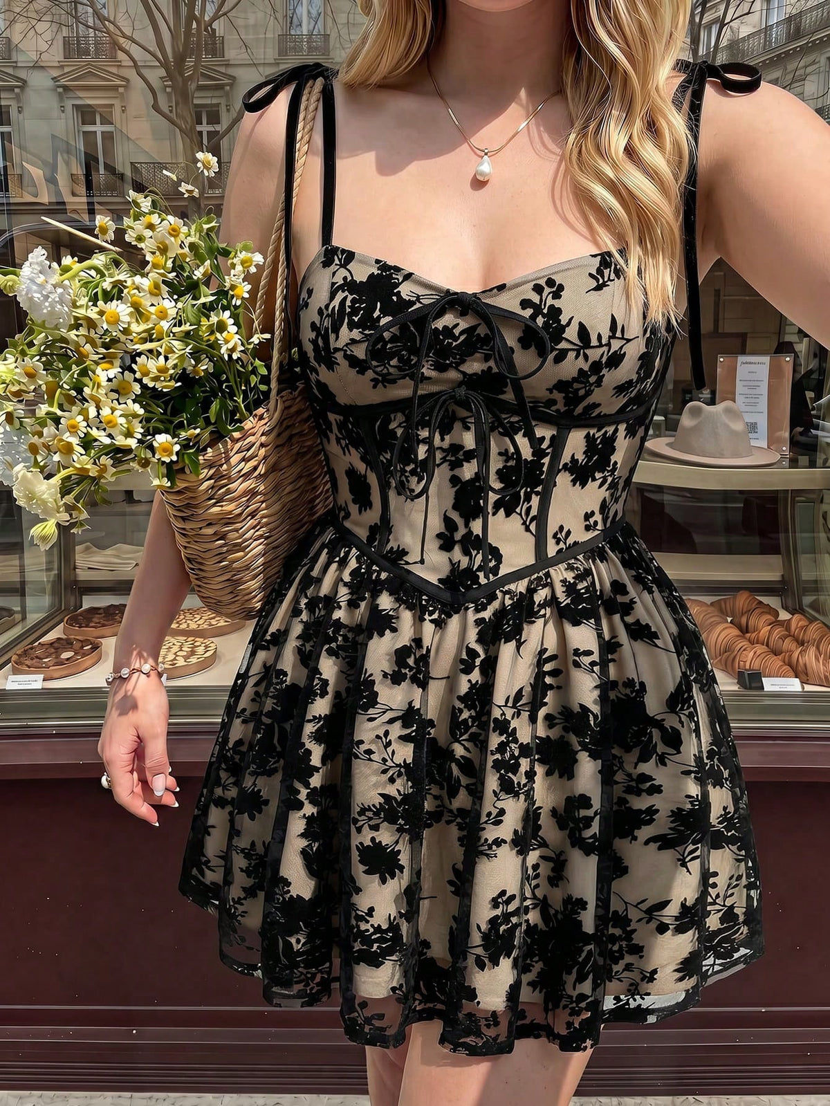 Floral Flocked Corset Mini Dress with Tie Straps