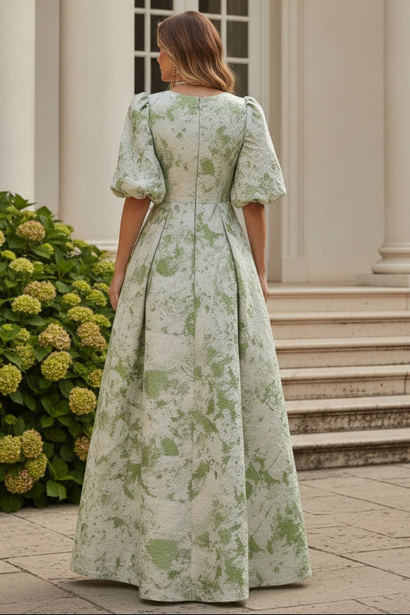 A-Line Pleated Jacquard Maxi Dress with Elbow Sleeves