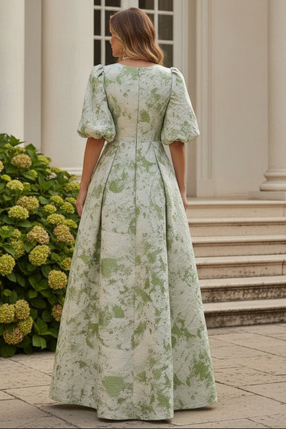 A-Line Pleated Jacquard Maxi Dress with Elbow Sleeves