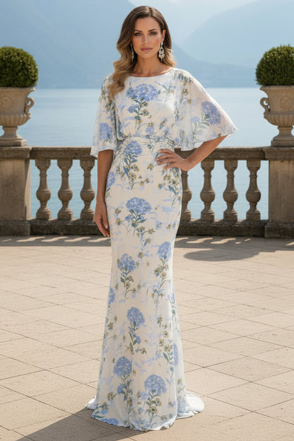 Floral Print Bateau Neck Flutter Sleeve Mermaid Gown