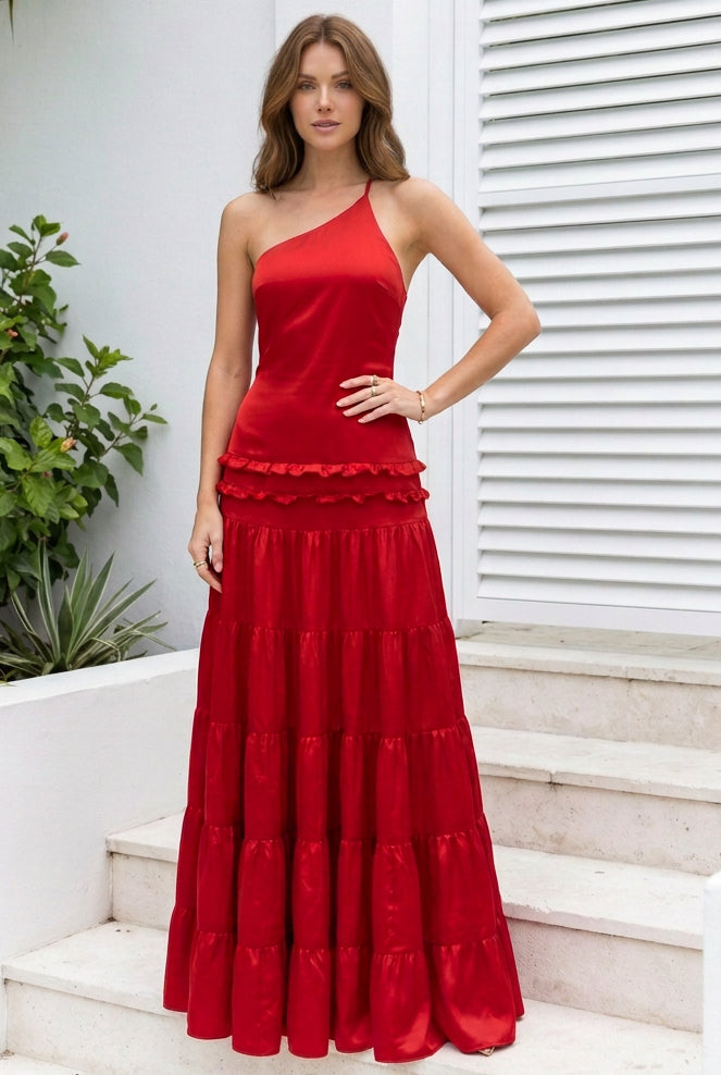 One-Shoulder Tiered Maxi Dress with Open Back