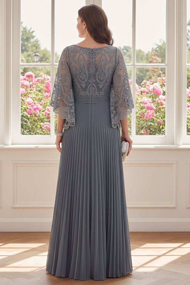 Lace Cape Sleeve Pleated Maxi Dress