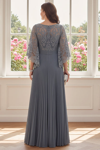 Lace Cape Sleeve Pleated Maxi Dress