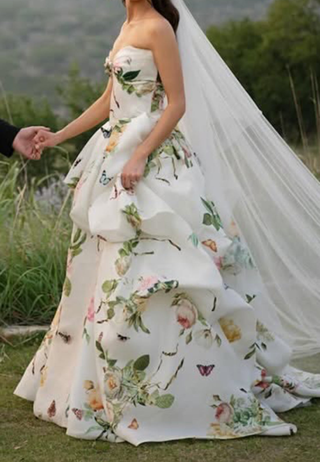 Floral Strapless Ball Gown with Draped Skirt