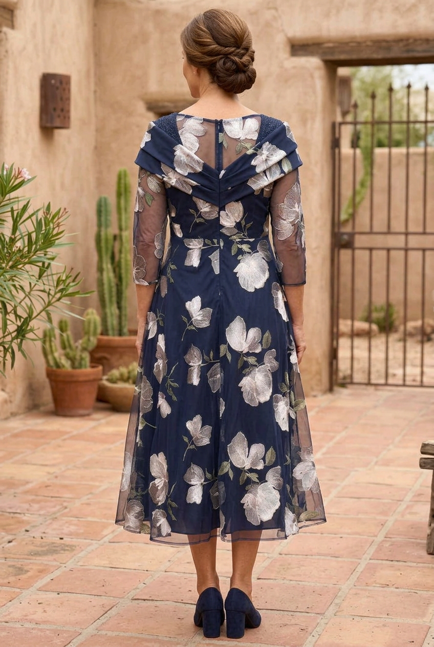 Floral Embroidered Tea-Length A-Line Dress