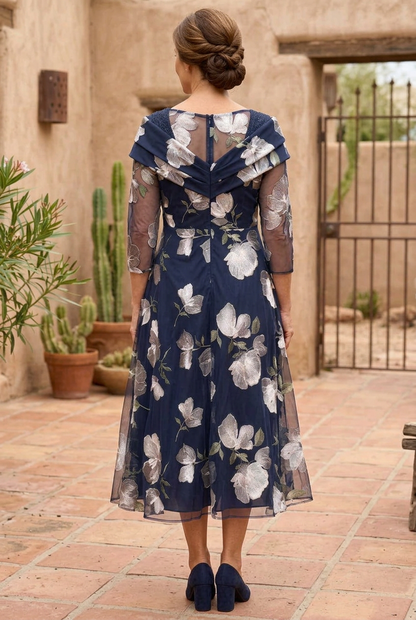 Floral Embroidered Tea-Length A-Line Dress
