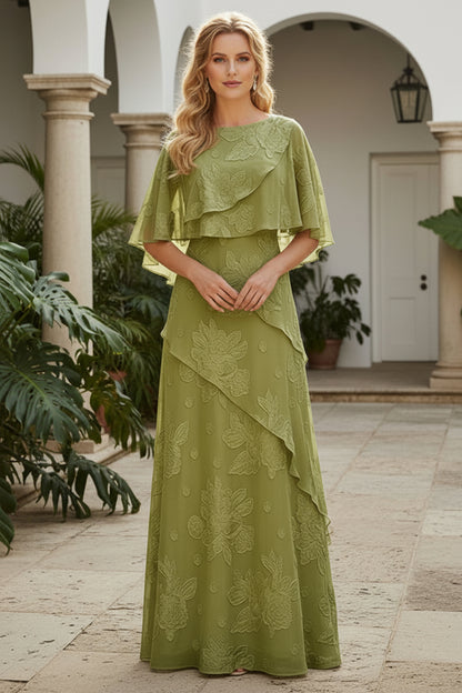 Embroidered Capelet Tiered A-Line Gown
