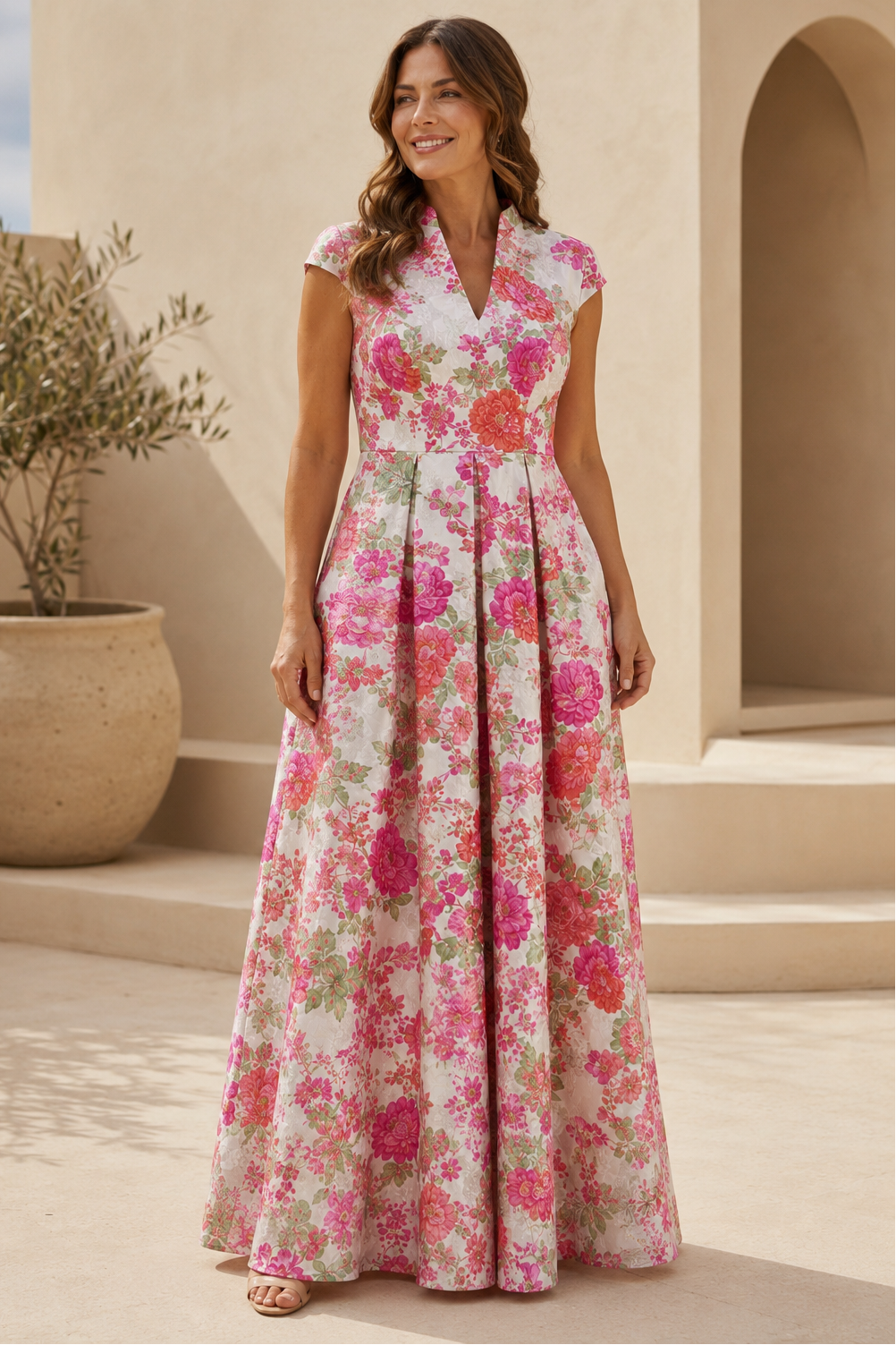 Floral Pleated A-Line Maxi Dress with Cap Sleeves