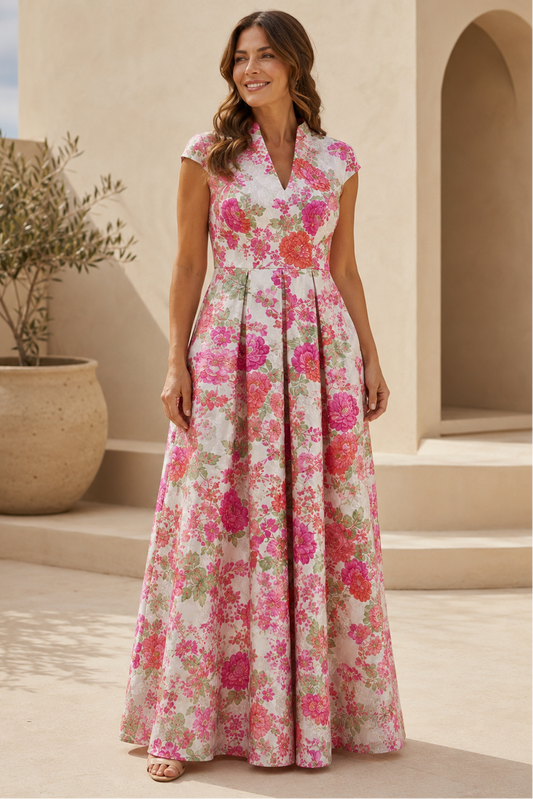 Floral Pleated A-Line Maxi Dress with Cap Sleeves