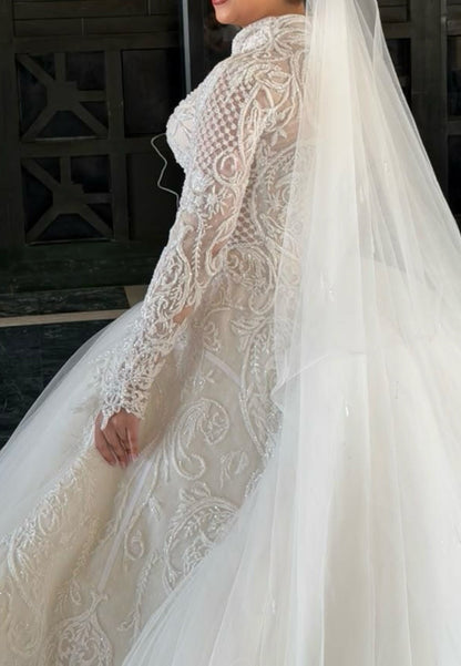 Embroidered Ball Gown Wedding Dress with Long Sleeves