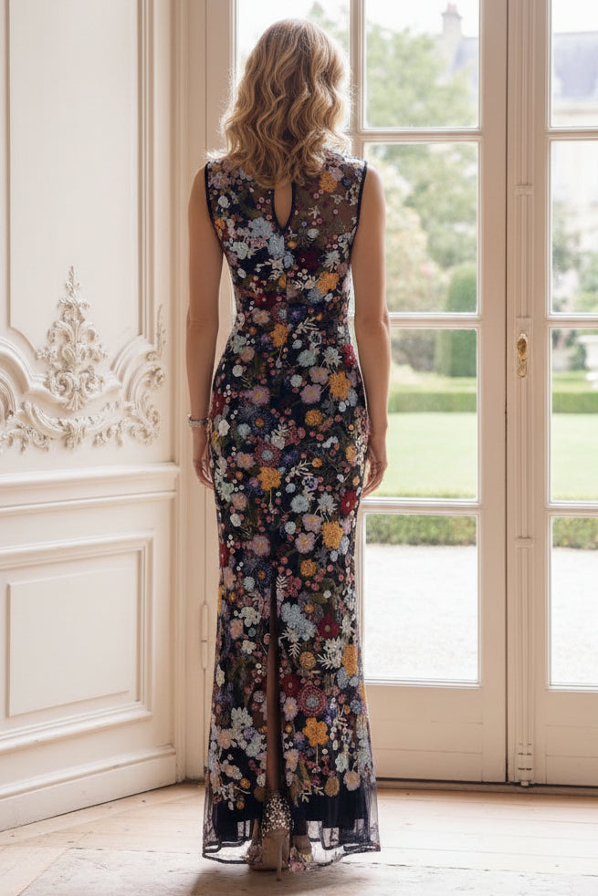 Floral Embroidered High Neck Sheath Evening Gown