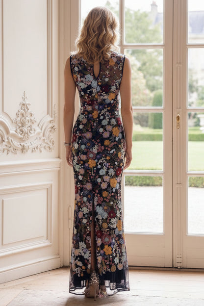 Floral Embroidered High Neck Sheath Evening Gown