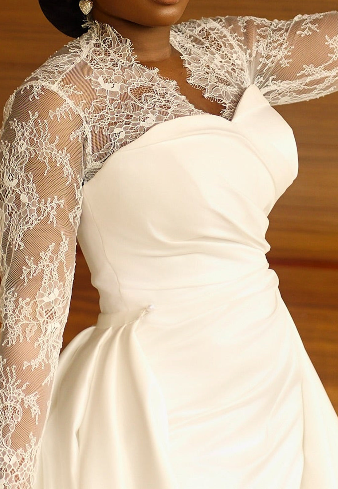 Long Sleeve Lace and Satin Wedding Dress with Overskirt