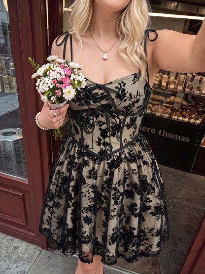 Floral Flocked Corset Mini Dress with Tie Straps