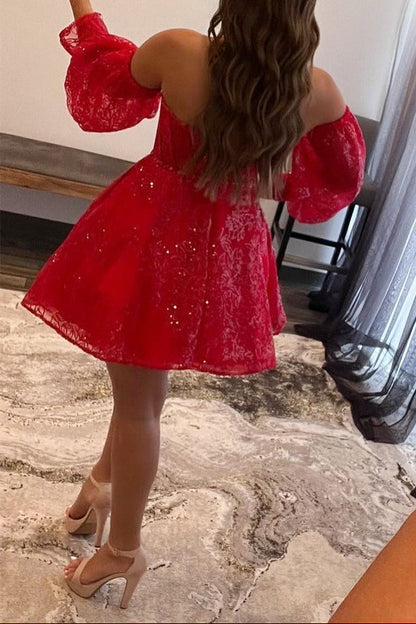 Off Shoulder Puff Sleeve Sequin Lace Mini Dress