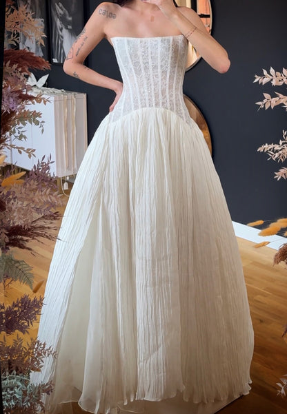 Strapless Lace Corset Pleated A-Line Wedding Dress