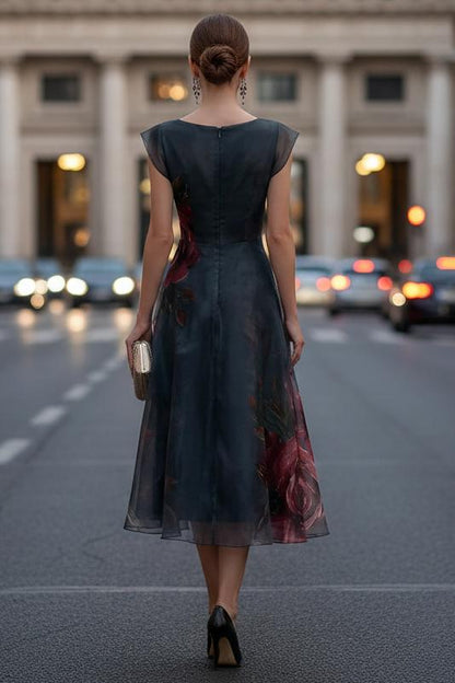 Floral Organza Midi Dress with Tiered Skirt