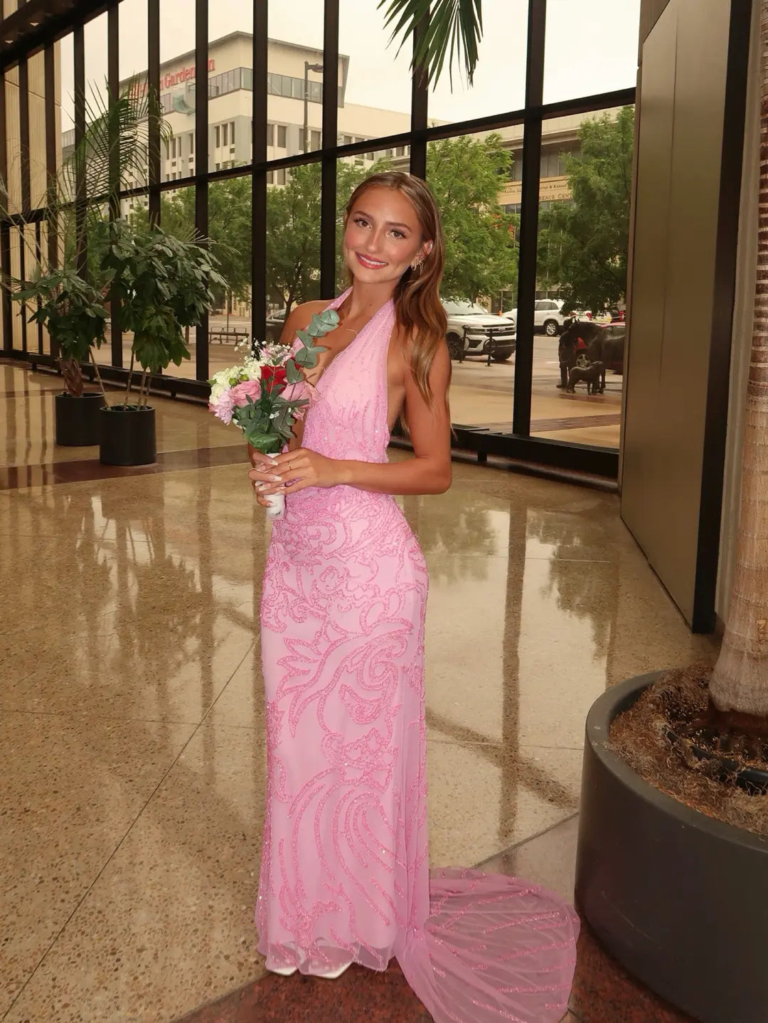 Halter Keyhole Sequin Gown with Crisscross Back