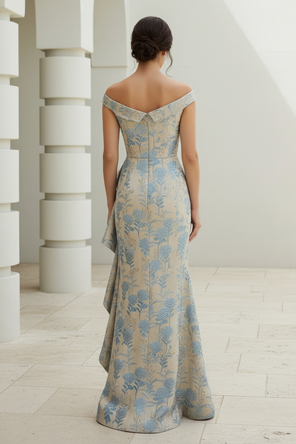 Off Shoulder Floral Jacquard Ruffle Gown