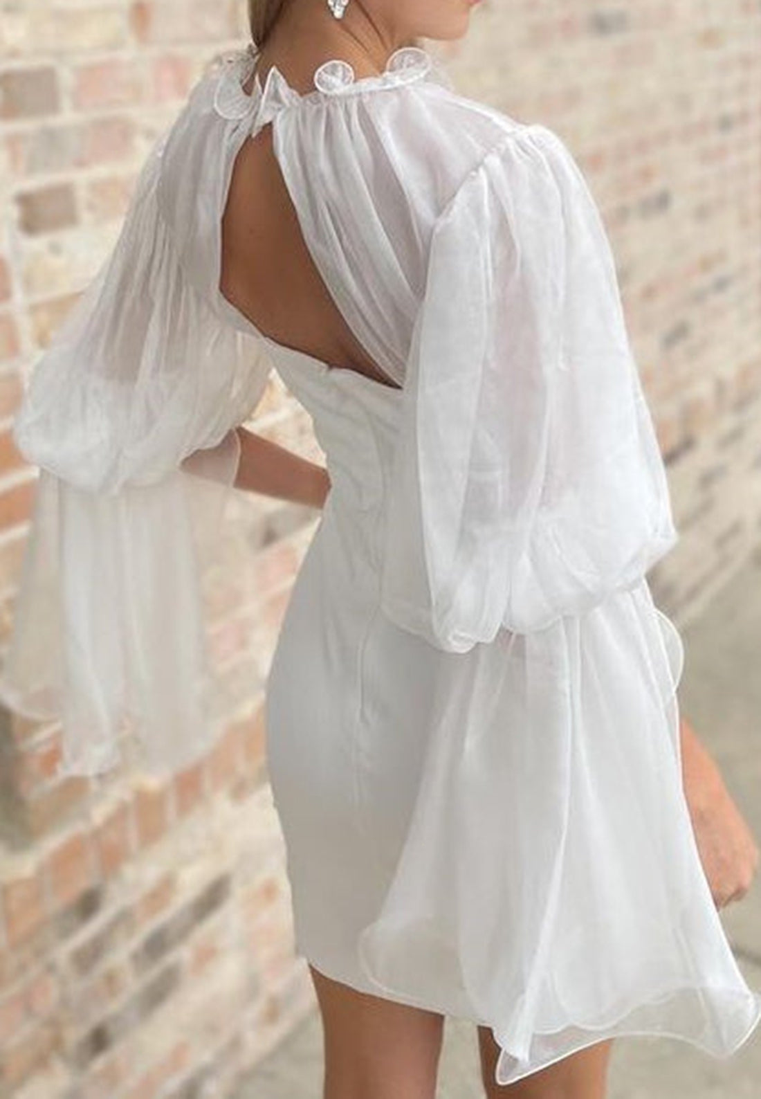 High Neck Sheer Bell Sleeve Mini Dress