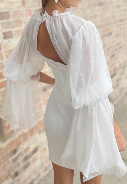 High Neck Sheer Bell Sleeve Mini Dress
