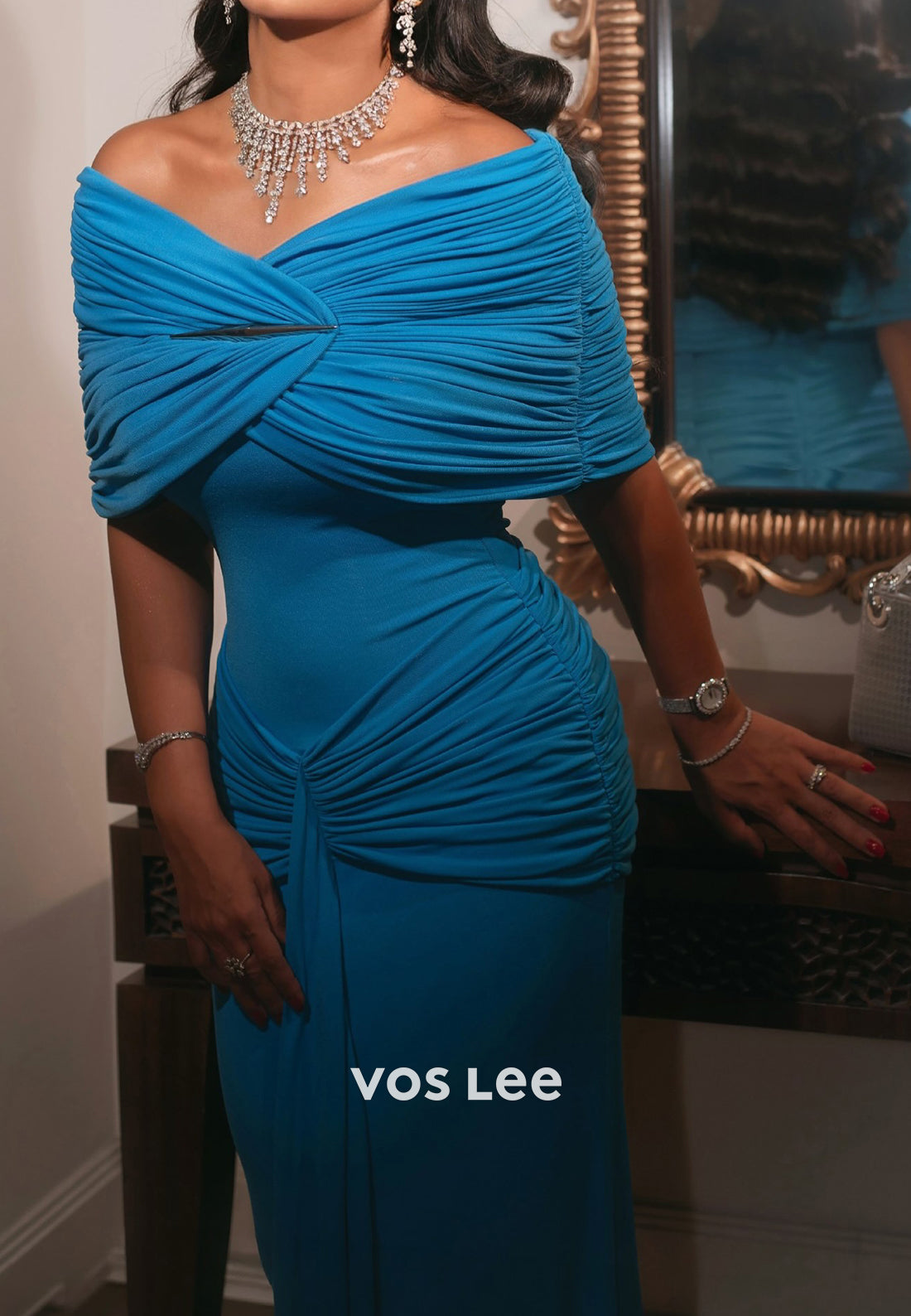 Off-the-Shoulder Ruched Draped Evening Gown