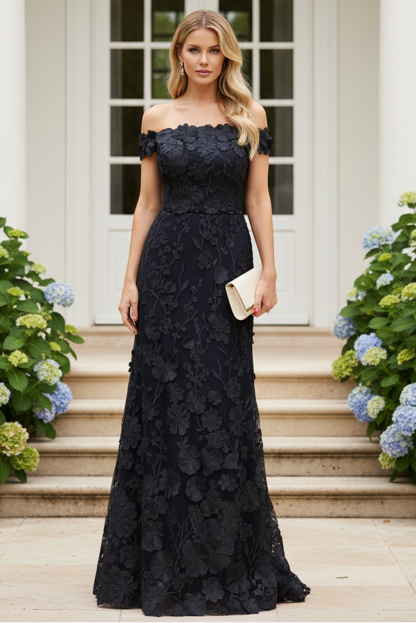Off-the-Shoulder 3D Floral Applique Evening Gown