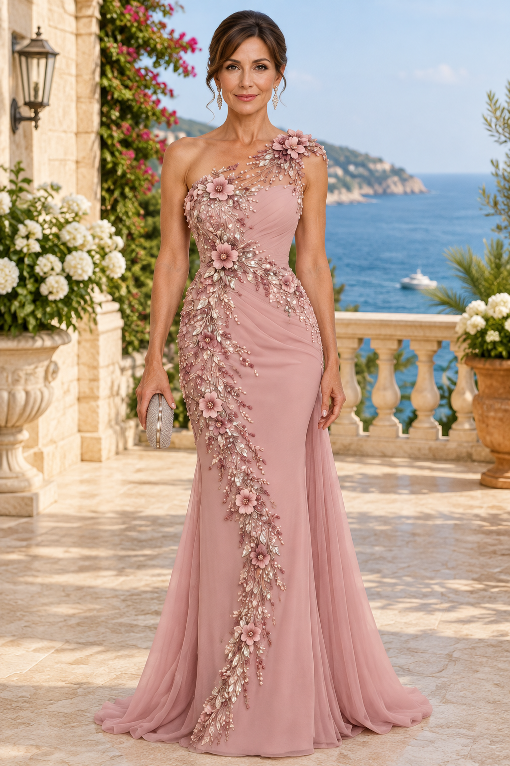 One-Shoulder Floral Appliqué Gown with Overskirt