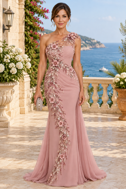 One-Shoulder Floral Appliqué Gown with Overskirt