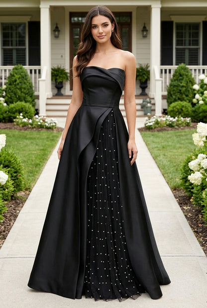 Strapless Satin Ball Gown with Pearl Tulle Split