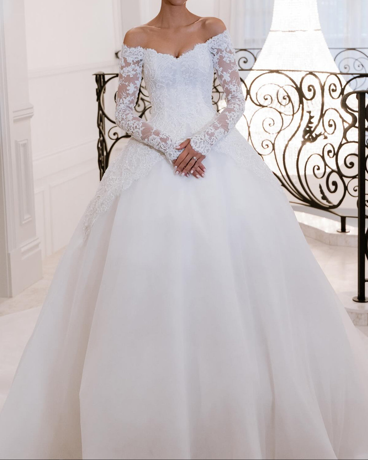 Off-the-Shoulder Lace Ball Gown Wedding Dress