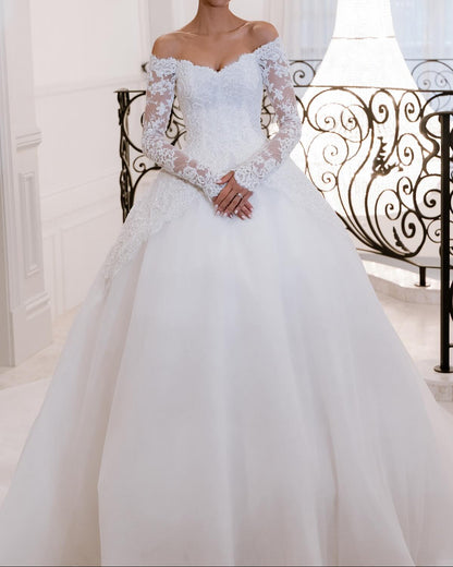 Off-the-Shoulder Lace Ball Gown Wedding Dress