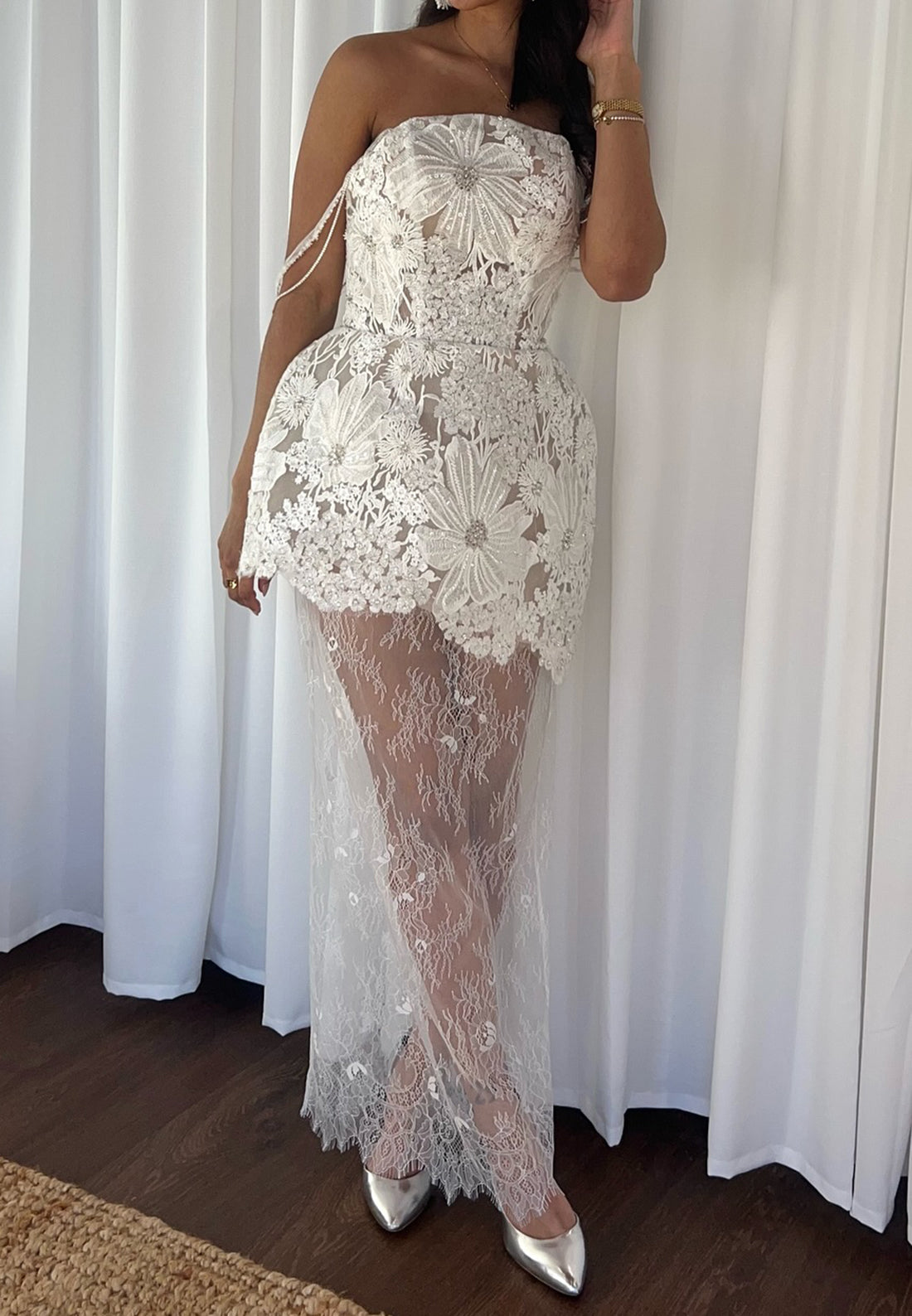 Floral Lace Strapless Dress with Peplum