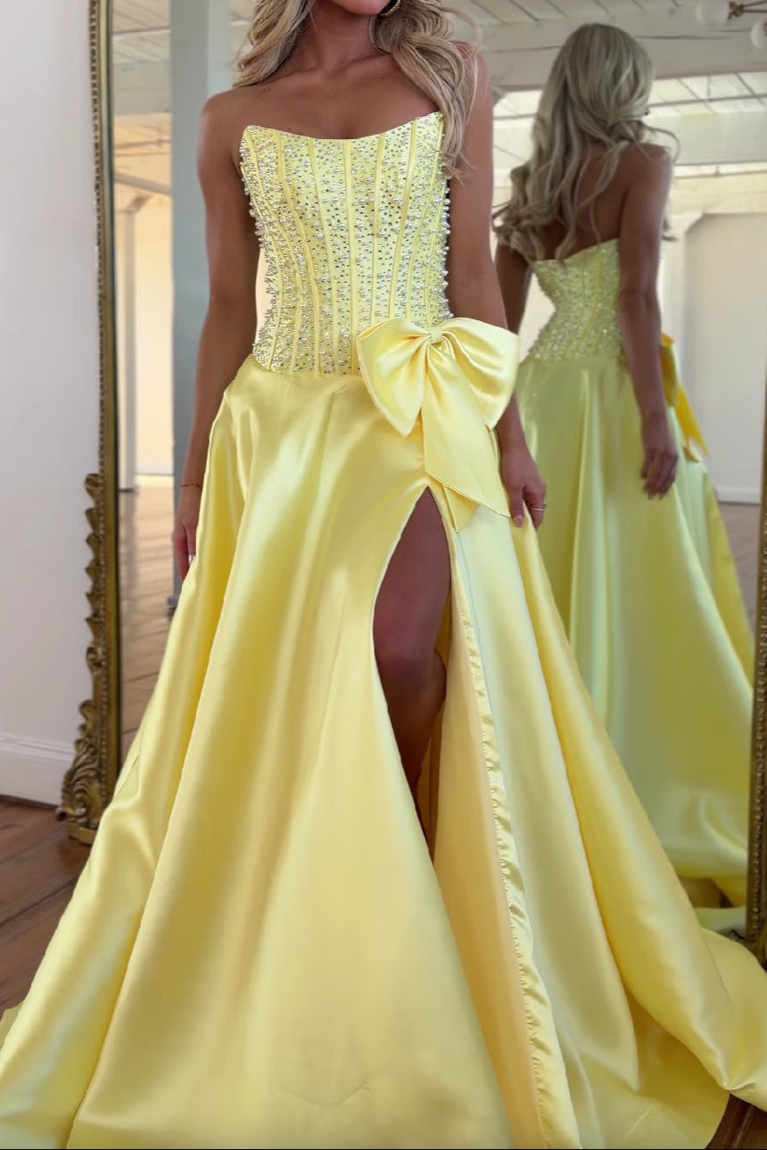 Strapless Beaded Bodice Ball Gown with Bow