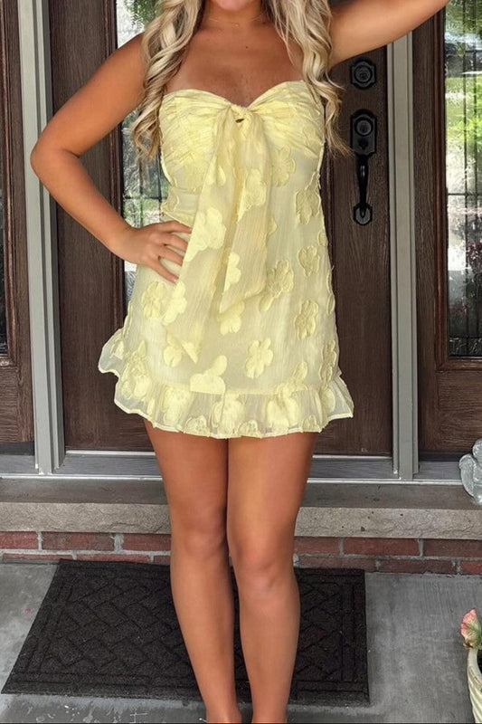 Floral Textured Strapless Mini Dress with Bow Detail