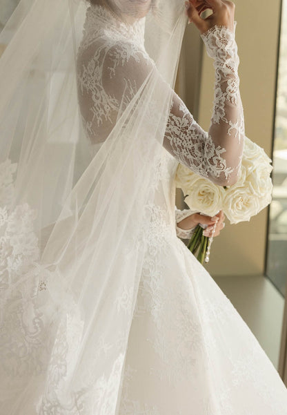 High-Neck Lace Ball Gown Wedding Dress with Long Sleeves