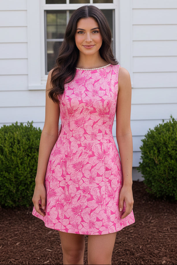 Pearl-Trimmed Floral Jacquard Mini Dress with Bow
