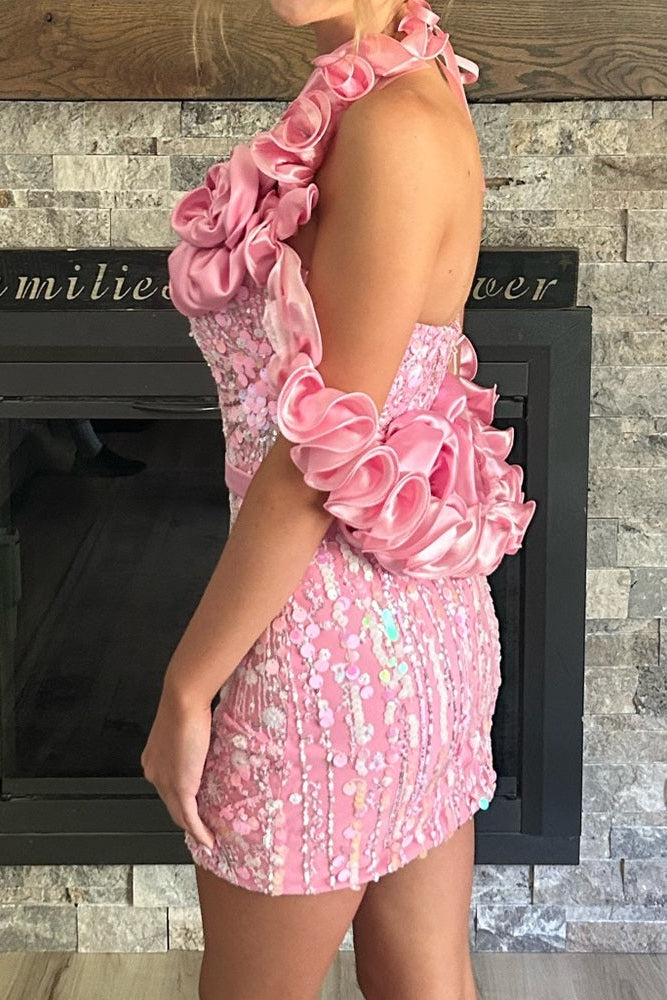 Rosette Halter Sequin Mini Dress