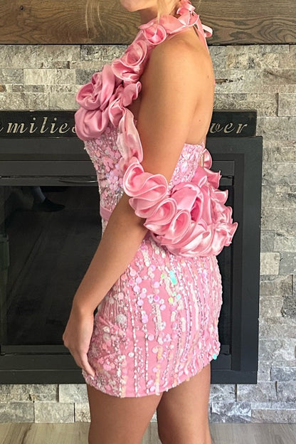 Rosette Halter Sequin Mini Dress