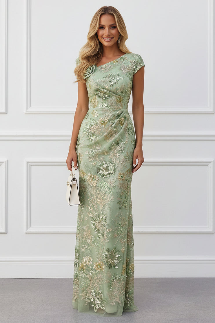Sequined Cap Sleeve Column Gown with 3D Flower