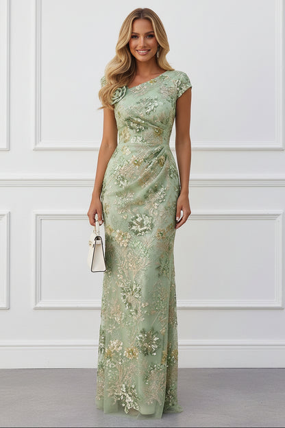 Sequined Cap Sleeve Column Gown with 3D Flower