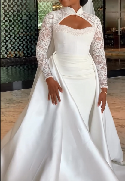High Neck Lace Long Sleeve Wedding Dress with Overskirt