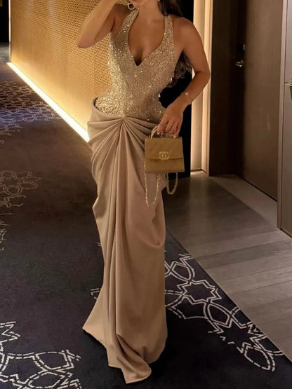 Sequin Corset Halter Gown with Draped Maxi Skirt