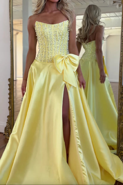 Strapless Beaded Bodice Ball Gown with Bow