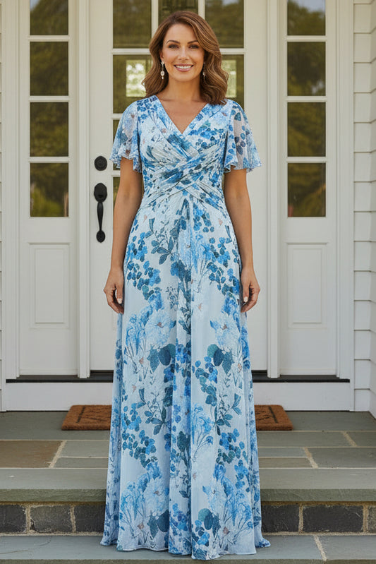 Floral V-Neck Maxi Dress with Flutter Sleeves