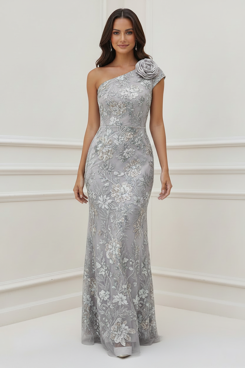 Sequined Cap Sleeve Column Gown with 3D Flower