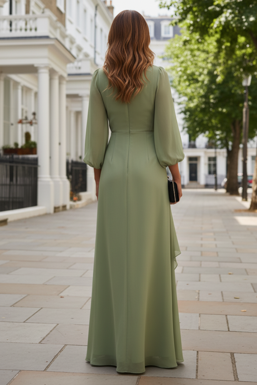 Wrap V-Neck Balloon Sleeve Rose Detail Evening Gown