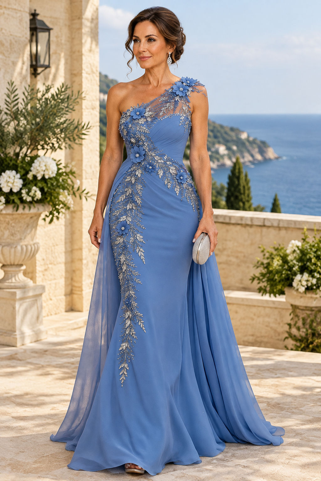 One-Shoulder Floral Appliqué Gown with Overskirt